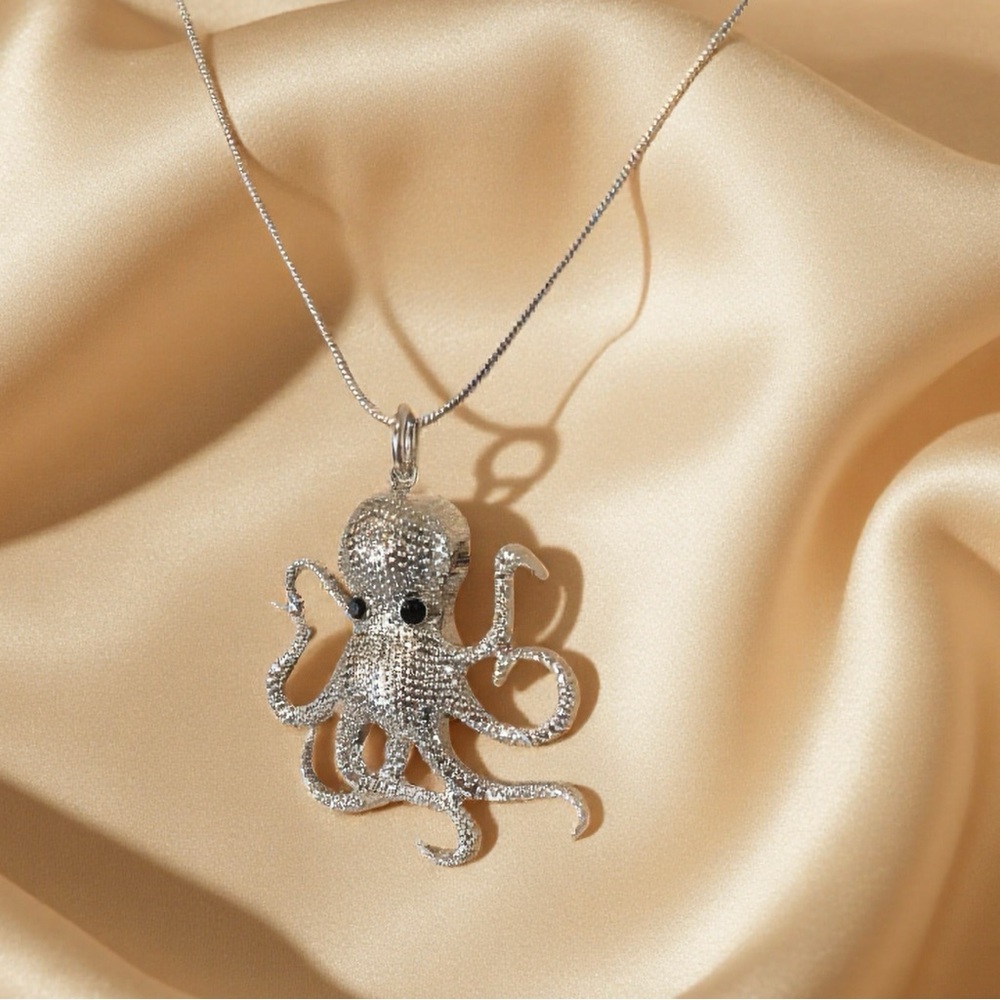Shiny Silver Toned Octopus Pendant Necklace with Rhinestone Eyes - Picture 15 of 17